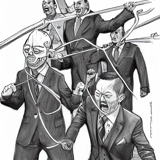 Image similar to highly detailed realistic sketch of UN members in suits yelling at a cyborg samurai, fear and anger in their eyes, colored , award winning , masterpiece on a scroll , post-processing