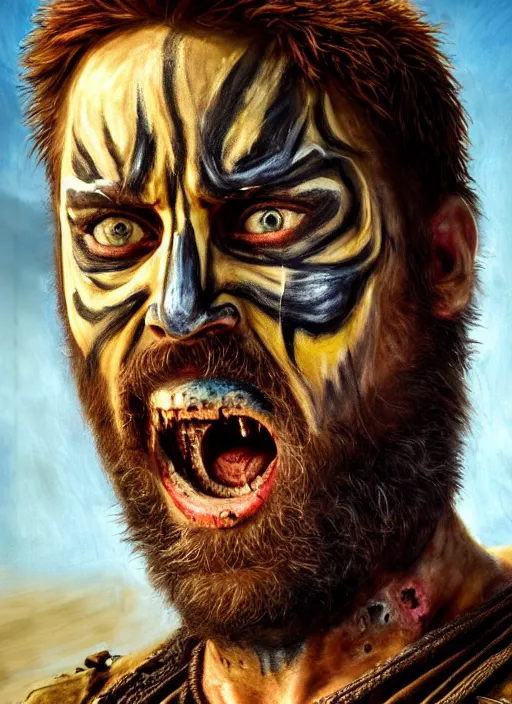 Prompt: portrait of charlie day ( ( charlie from its always sunny in philadelphia ) ) as warlord villain character ( with facepaint ) in mad max 2 : the road warrior, film still, detailed realism face in painting, detailed beautiful portrait, oil painting masterpiece, 8 k resolution, smooth, sharp focus, trending on artstation, by rembrandt