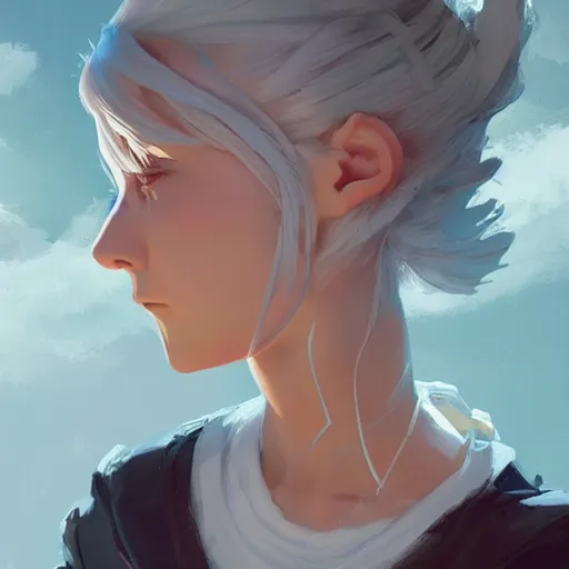 Image similar to girl sorcerer with white hair in a messy hairbun. cgsociety masterpiece, artstation trending, by rossdraws, ghibli, kimi no na wa, greg rutkowski, simon stalberg, greg manchess