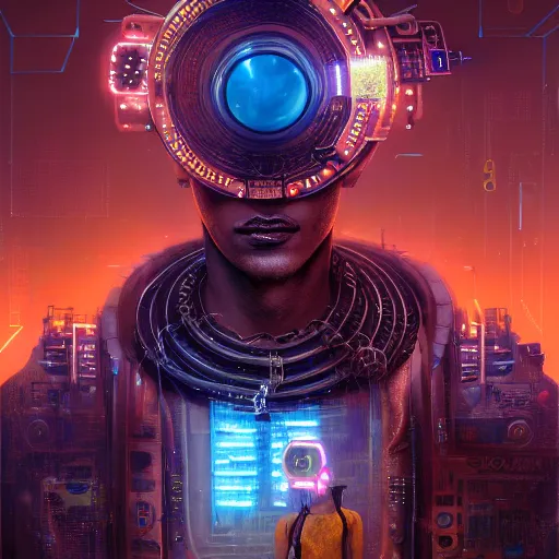 Image similar to a dogon cyberpunk hacker, steampunk stargate by greg rutkowski and android jones in a surreal portrait style, oil on canvas, ancient cyberpunk 8k resolution