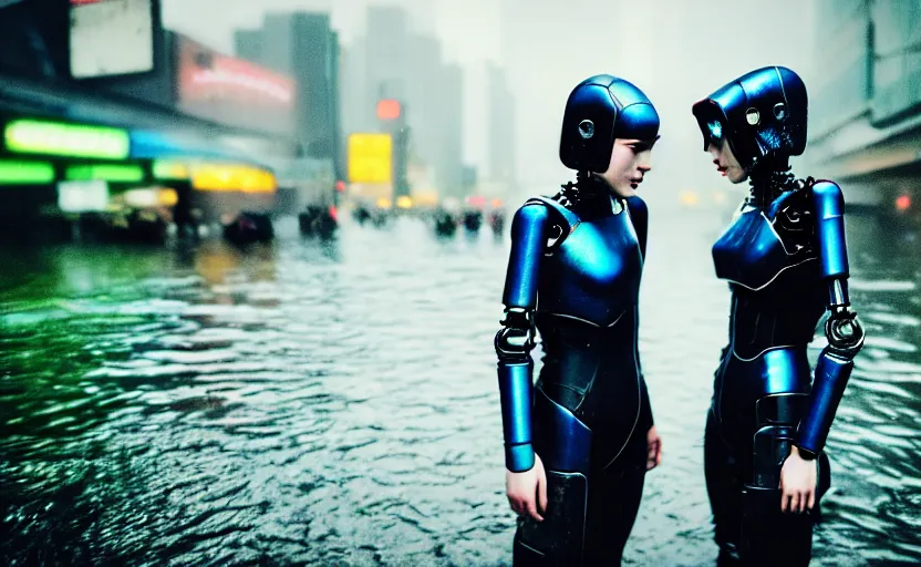 Prompt: cinestill 5 0 d candid action photographic portrait by helen levitt of two loving female androids wearing rugged black mesh techwear in treacherous waters, extreme closeup, modern cyberpunk retrofuturism moody emotional cinematic, pouring iridescent rain, 8 k, hd, high resolution, 3 5 mm, f / 3 2, motion blur, ultra realistic faces, ex machina