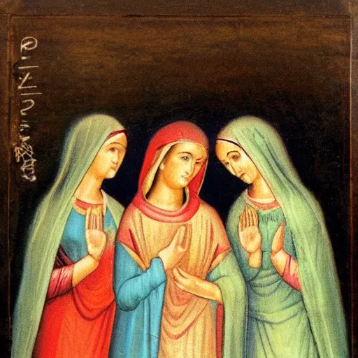 Image similar to religious painting of 3 women at a tomb. two angels in the background