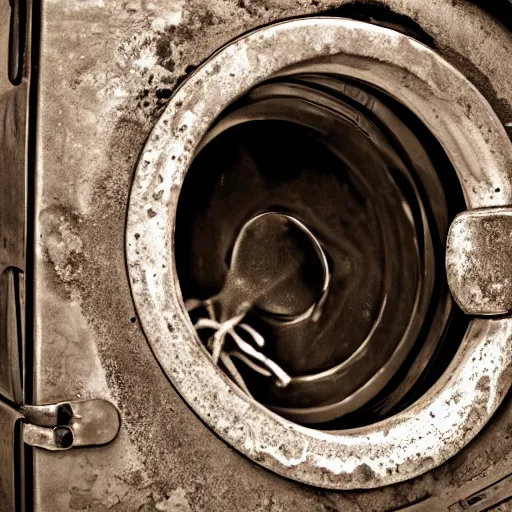 Prompt: An award-winning photo of an ancient washing machine