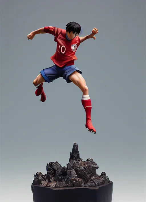 Image similar to captain tsubasa anime figurine, soccer, art by gerald brom, greg rutkowski and artgerm and james jean and zdzisław beksinski, unreal engine, studio lighting