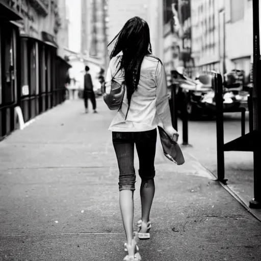 Image similar to a brunette girl, in her twenties, very long hair, dressed casually, walking from behind in the streets of new york, city lights, smoke, cinematic