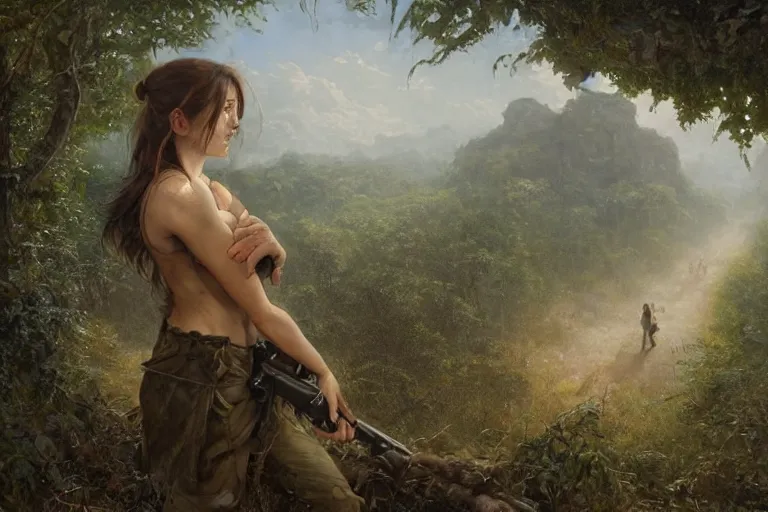 Image similar to artstation concept of a beautiful adventurous girl holding a .45 revolver, sweaty skin, symmetrical face, high body detail, ripped up field fatigues, torn off shirt, jungle background with ruins, vines, hyperdetailed, artstation trending, world renowned artists, worth1000.com, cgsociety, by greg rutkowski, by Gustave Doré, by Marco Turini, by Artgerm, Deviantart in the style of Tom Bagshaw, Cedric Peyravernay, Peter Mohrbacher