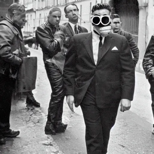 Prompt: 8 k uhd photos from italian mafia associations ( circa 1 9 6 0 ), some of them use gas masks, uhd face details, uhd character details