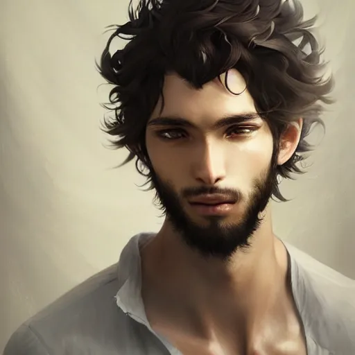 Image similar to Portrait of man with Tousled Curls type hair and Brown Indonesian-type skin, atmospheric lighting, intricate detail, cgsociety, ambient light, dynamic lighting, anime style by Yusuke Kozaki