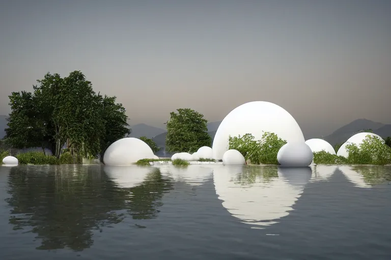 Image similar to a life building formed by the intersection and combination of many white spheres and egg shaped spaces ， by pierre bernard, on the calm lake, people's perspective, future, interior wood, dusk, unreal engine highly rendered, global illumination, radial light, internal environment