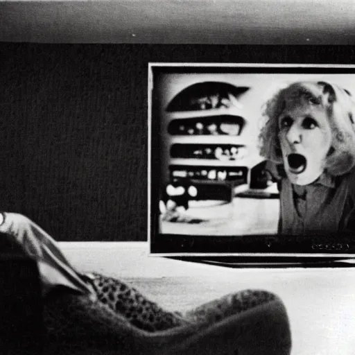 Image similar to woman watching tv screens old television poltergeist room, creepy, 8 mm, found footage