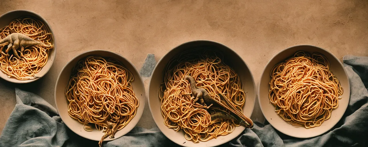 Image similar to dinosaurs living inside a bowl of spaghetti, canon 5 0 mm, cinematic lighting, photography, retro, film, kodachrome