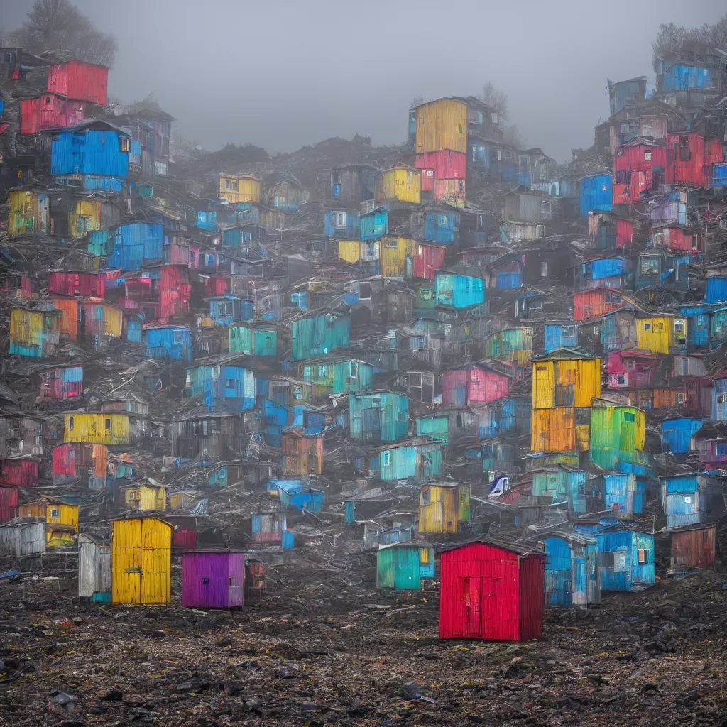 Image similar to two towers, made up of colourful makeshift squatter shacks, uneven dark fog, dystopia, sony a 7 r 3, f 1 1, ultra detailed, photographed by jeanette hagglund