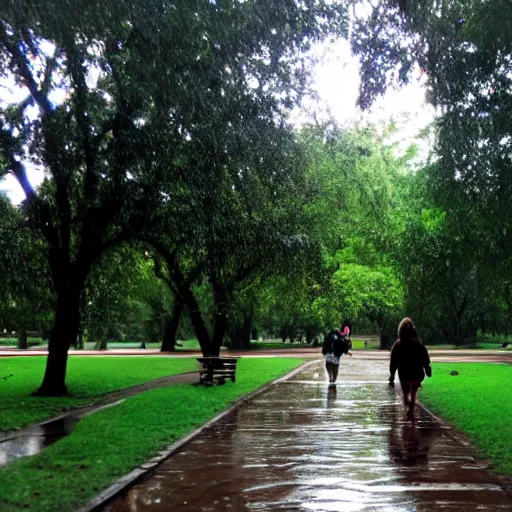 Prompt: : walking through a park after it rained