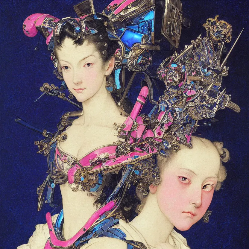 Prompt: a baroque neoclassicist renaissance close - up portrait of a deep blue and pink iridescent whimsical 1 8 0 0 s japanese mecha gundam butterfly witch. reflective detailed textures. intense look, dark background. highly detailed fantasy science fiction painting by moebius, norman rockwell, frank frazetta, and syd mead. rich colors, high contrast. artstation