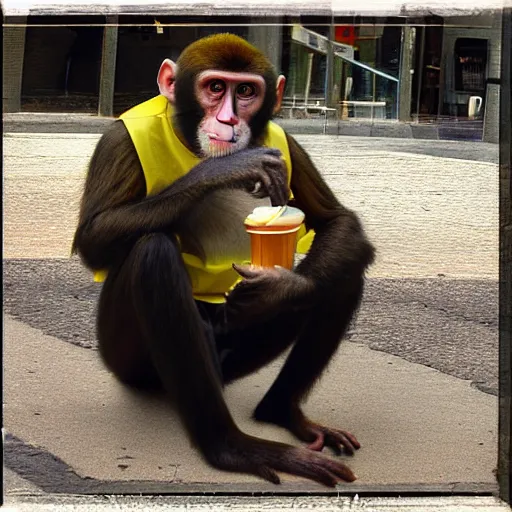 Image similar to Monkey in work uniform taking a lunch break, ultra realistic, canon camera