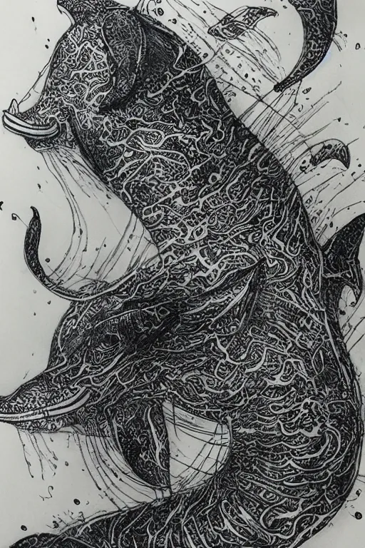 Image similar to Furry dolphin with tiger stripes, pen and ink, intricate line drawings, by Yoshitaka Amano, Ruan Jia, Kentaro Miura, Artgerm, watercolor