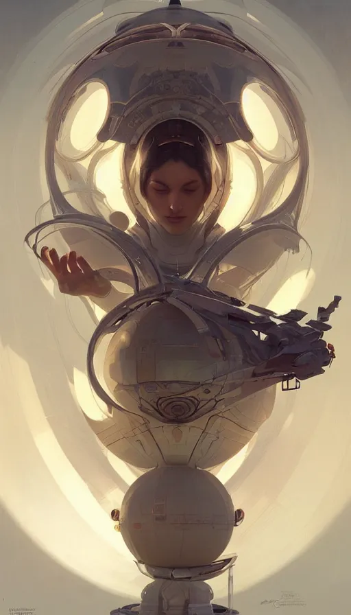 Prompt: a scifi orb drone, religious, elegant, intricate, digital painting, artstation, concept art, smooth, sharp focus, illustration, art by artgerm and greg rutkowski and alphonse mucha