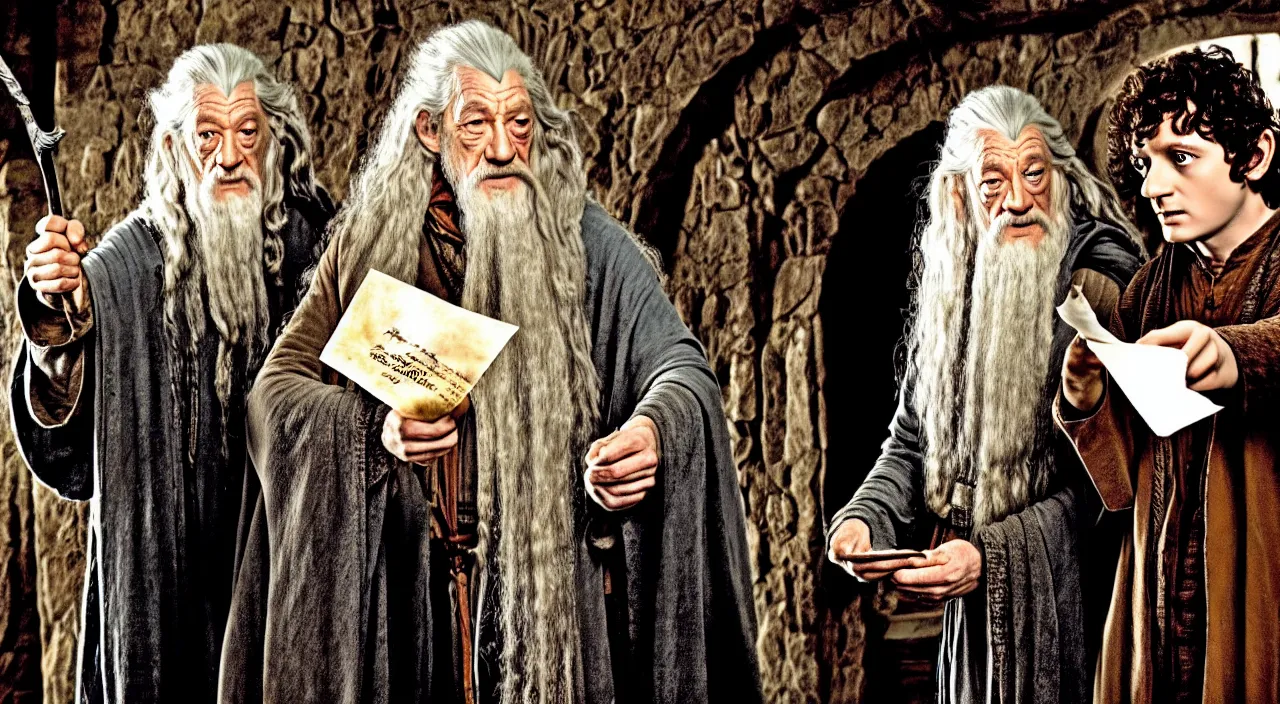 Prompt: gandalf and frodo in bag end, gandalf is holding an envelope, bag end in the style of h. r. giger, image from a movie