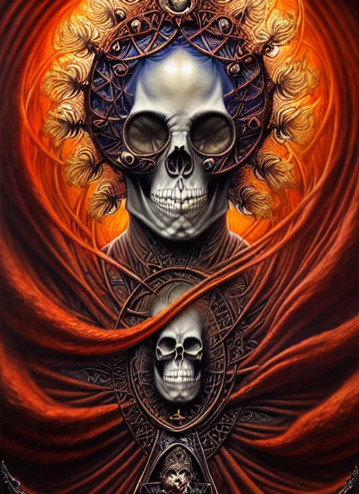 Image similar to A beautiful detailed orixa, tarot card, by tomasz alen kopera and Justin Gerard, symmetrical features, ominous, magical realism, texture, intricate, ornate, royally decorated, skull, skeleton, whirling smoke, embers, red adornements, red torn fabric, radiant colors, fantasy, trending on artstation, volumetric lighting, micro details, 3d sculpture, ray tracing, 8k, anaglyph effect