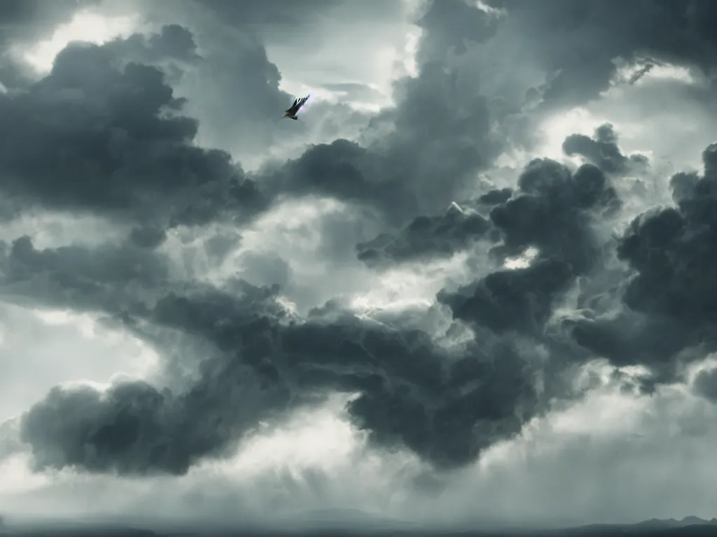 Image similar to epic cinematic shot of dragon flying through stormy clouds in the style of Game of Thrones