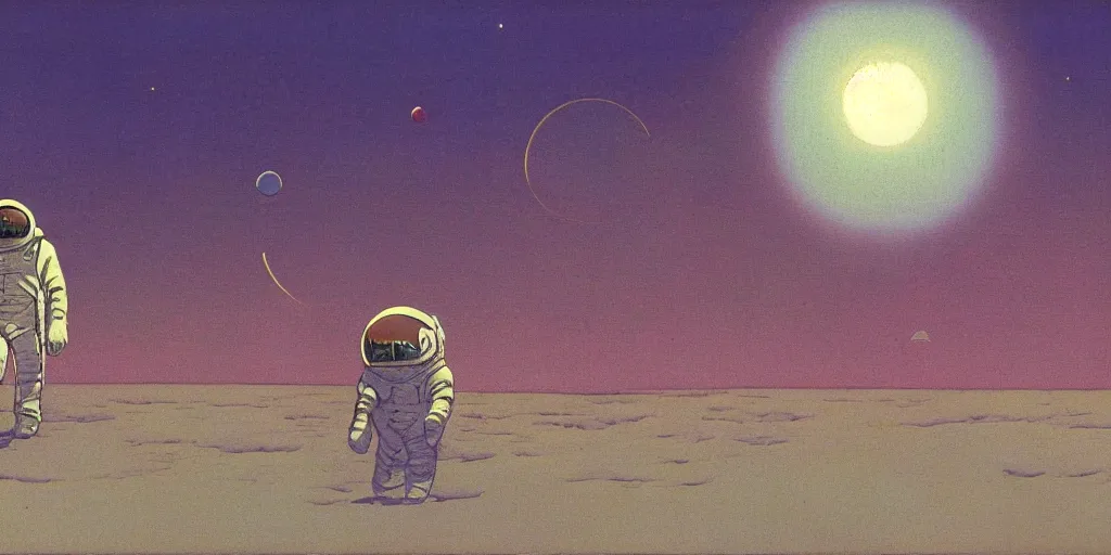 Prompt: grainy science fiction concept art of two cosmonauts exploring a vast unknown world, vintage, large colorful flora, alien world, two muted suns in the sky, moebius color palette, painting by moebius and satoshi kon and dirk dzmirsky