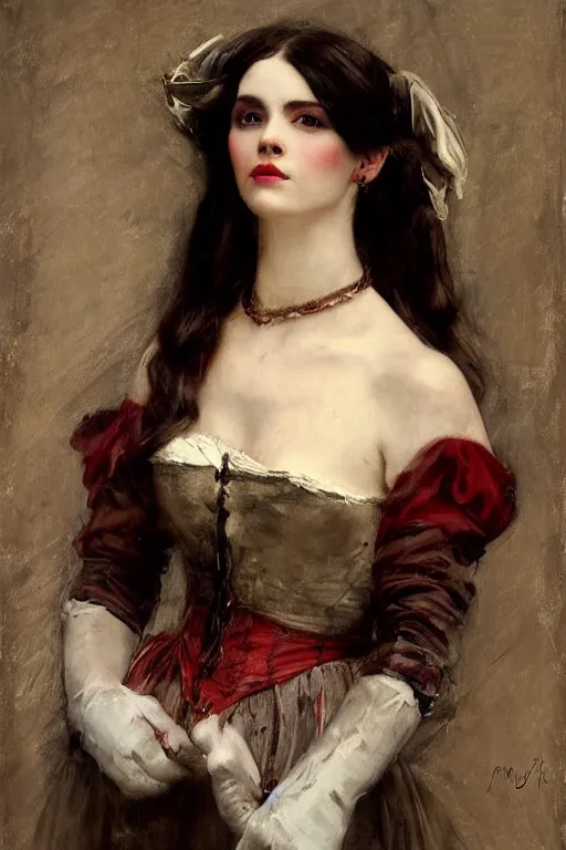 Image similar to Solomon Joseph Solomon and Richard Schmid and Jeremy Lipking victorian genre painting full length portrait painting of a young beautiful woman wearing gloves traditional german french actress model pirate wench in fantasy costume, red background