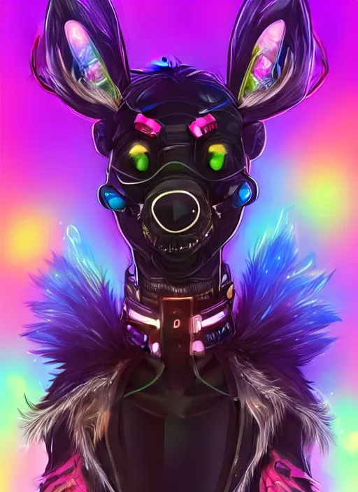 Image similar to award winning beautiful portrait commission of a male furry anthro Black Reindeer cyberpunk fursona with a tail, wings, wings, wings and a cute beautiful attractive detailed furry face wearing a crown, stylish black and rainbow galaxy clothes, outline, in a cyberpunk city at night while it rains. Character design by charlie bowater, ross tran, artgerm, and makoto shinkai, detailed, inked, western comic book art