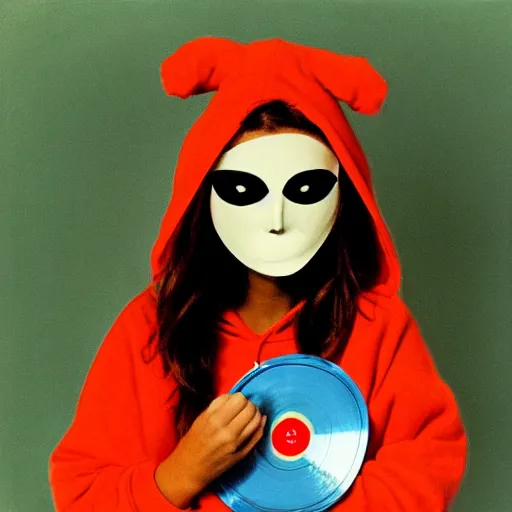 Prompt: close - up, photo of girl in a mask of a magpie, in a hoodie, holding a vinyl record, 9 0 - s, polaroid photo, by warhol,