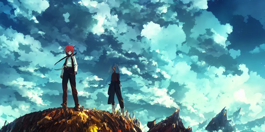 Prompt: isekai masterpiece anime man standing tree log looking up at colossal cyan crystals, high noon, cinematic, very warm colors, intense shadows, ominous clouds, anime illustration, anime screenshot composite background by alyn spiller