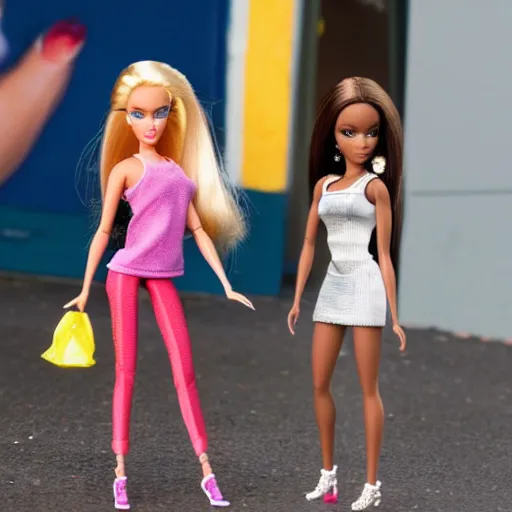 Prompt: Barbies and Bratz face-off in the street like The Sharks and The Jets