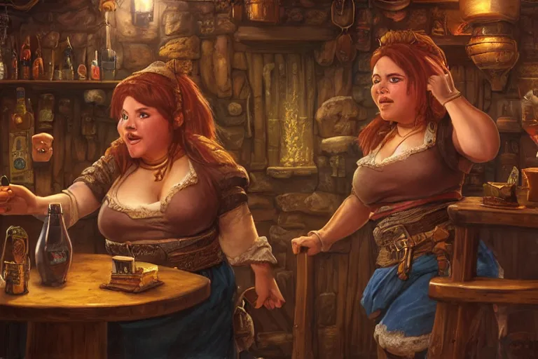 Prompt: a short and chubby female dwarf barmaid in a busy dwarven tavern | hyperdetailed | hyper realistic | ralph horsley, larry elmore | 8k