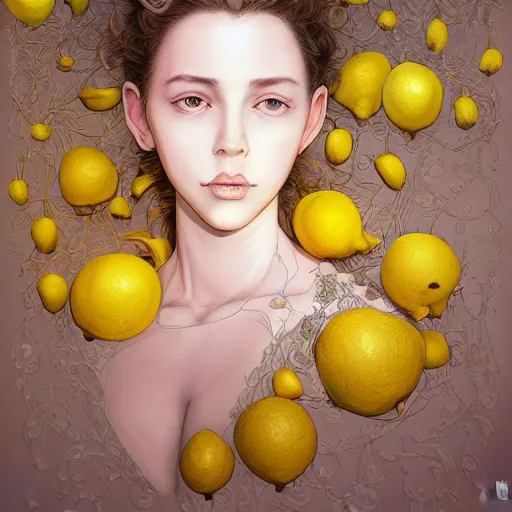 Prompt: the portrait of an absurdly beautiful, graceful, elegant, sophisticated, sensual young teen girl made up of lemons looking up, an ultrafine hyperdetailed illustration by kim jung gi, irakli nadar, intricate linework, soft colors, octopath traveler, final fantasy, unreal engine highly rendered, global illumination, radiant light, detailed and intricate environment