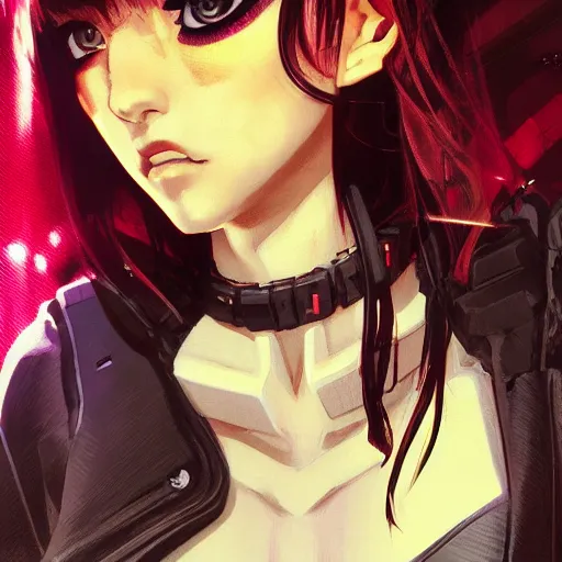 Image similar to A comic potrait of a cyberpunk cyborg girl with big and cute eyes, fine-face, realistic shaded perfect face, fine details. Night setting. Very anime style. Realistic shaded lighting poster by Ilya Kuvshinov katsuhiro, magali villeneuve, artgerm, Jeremy Lipkin and Michael Garmash, Rob Rey and Kentarõ Miura style, trending on art station