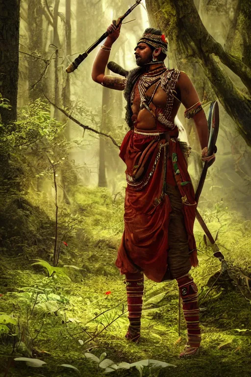 Image similar to Photo of an Indian warrior in a forest, photorealistic, hyper detailed, octane render, 4k