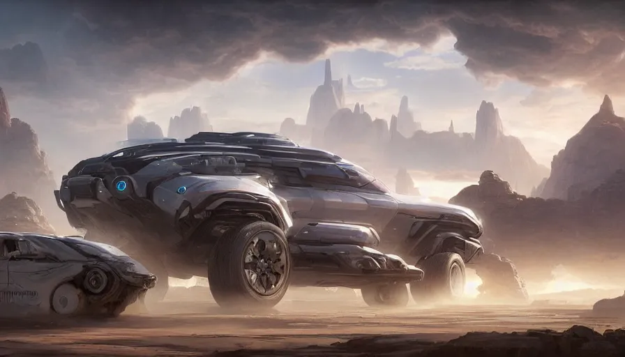 Image similar to a futuristic suv designed by ford driving through madagascar with baobabs trees, artgerm and greg rutkowski and alphonse mucha, an epic fantasy, volumetric light, detailed, establishing shot, an epic fantasy, trending on art station, octane render, midsommar