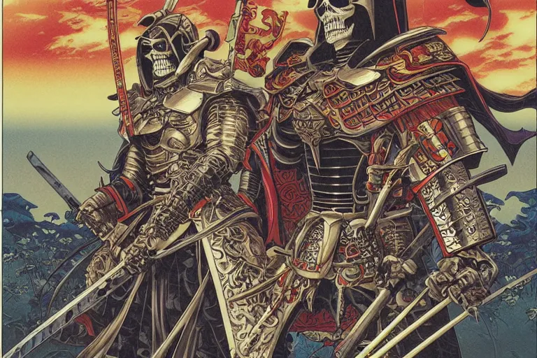 Image similar to poster of a skeletor samurai with japanese armor and helmet, by yoichi hatakenaka, masamune shirow, josan gonzales and dan mumford, ayami kojima, takato yamamoto, barclay shaw, karol bak, yukito kishiro