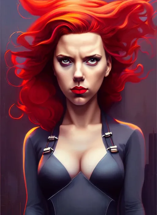 Image similar to peter mohrbacher, phil noto, artgerm, pretty scarlett johansson black widow, symmetrical eyes, long red hair, city rooftop