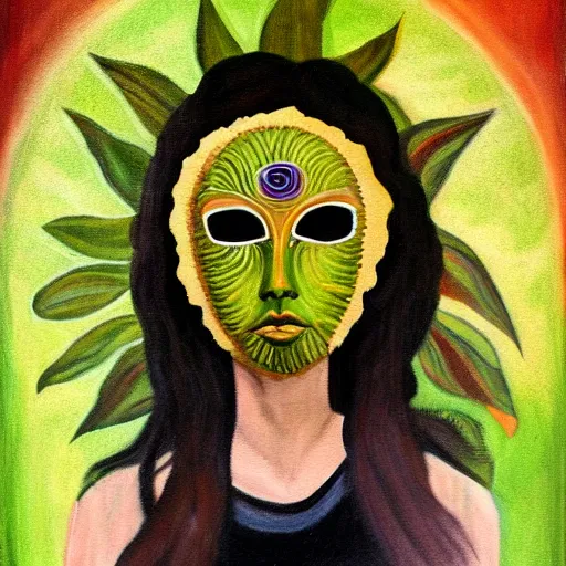 Prompt: Art in the style of Octavia Ocampo, Gaia, Mother Earth, side portrait, mask inside mask