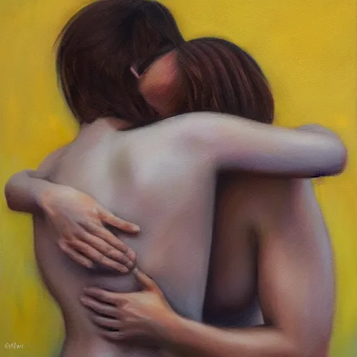 Prompt: a hug, masterpiece, trending on artstation, oil on canvas