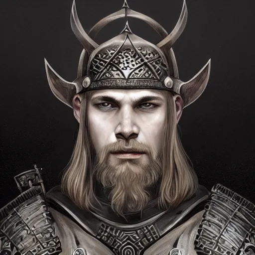 Image similar to portrait of solemn, ice-pale undead viking warrior with black veins and brutalist plate armor with art deco knotwork, elegant, intricate, head and upper body portrait, D&D, fantasy, highly detailed, digital painting, artstation, concept art, sharp focus, illustration, art by artgerm and brom and bezsinski and greg rutkowski and alphonse mucha