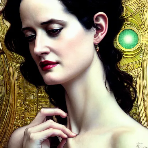 Image similar to beautiful detailed picture of eva green, fully clothed, radiant light, art nouveau, intricate, elegant, highly detailed, symmetrical face, my rendition, digital painting, artstation, concept art, smooth, sharp focus, illustration, art by artgerm and greg rutkowski and alphonse mucha