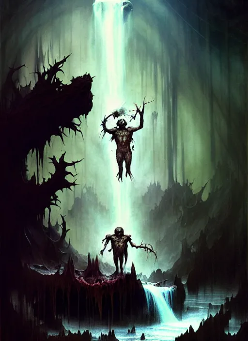 Image similar to a screaming sasquatch in the river styx of the underworld, frank frank frazetta, blood splatters, charlie bowater and tom bagshaw, insanely detailed, deviantart, atoms surrounded by skulls, death, and spirits flying, water fall, horror, sci - fi, surrealist painting, by peter mohrbacher