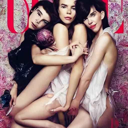 Prompt: stunning vogue magazine photo of dark - haired goddesses vanessa kirby, hailee steinfeld, and bjork smiling, legs intertwined, laying back on the bed, with wet faces!!, wet lips, smooth skin, perfect eyes, insanely detailed, elegant, by wlop, rutkowski, livia prima, mucha, wlop