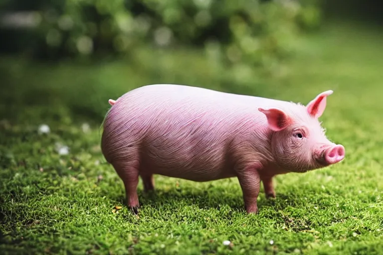 Image similar to a miniature pig wearing a sunhat!!! garden! hyper realistic!! realistic lighting!! wildlife photograph of the year!!! bold natural colors, national geographic, hd, wide angle, 8 k