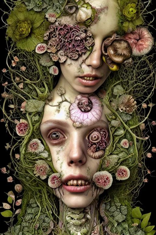 Image similar to beautiful and detailed rotten woman corpse with fractal plants and fractal flowers and mushrooms growing around, face muscles, veins, arteries, intricate, ornate, surreal, ray caesar, john constable, guy denning, dan hillier