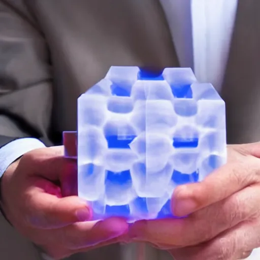 Prompt: man holding a cube that warps spacetime into itself