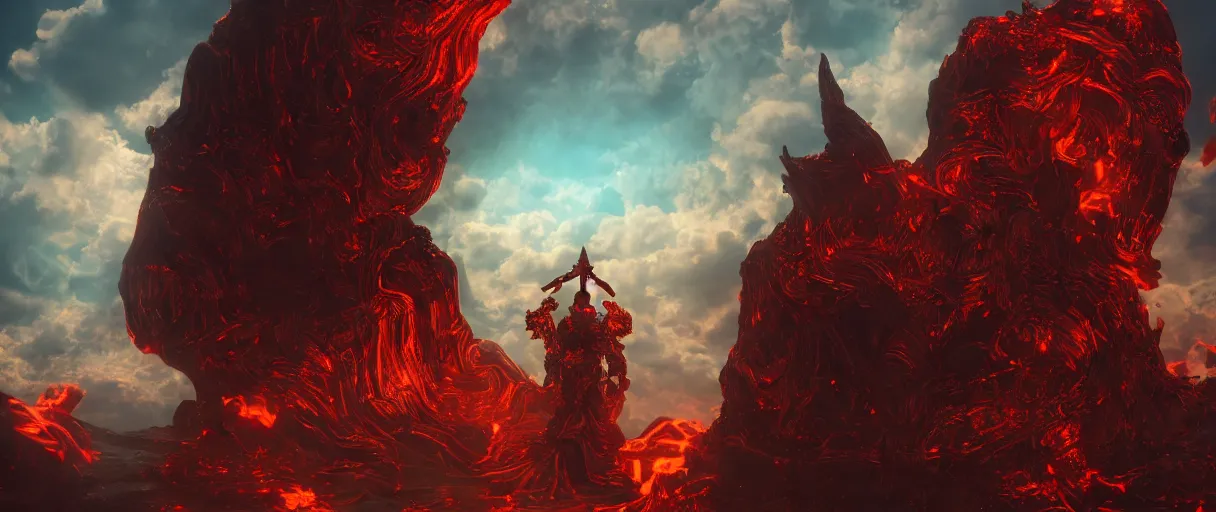 Image similar to God fighting The Devil by Gabriel Garcia Marquez, symmetrical, centered, dramatic angle, ornate, details, smooth, sharp focus, illustration, realistic, cinematic, artstation, award winning, rgb , unreal engine, octane render, cinematic light, macro, depth of field, blur, gold and red light and clouds from the back, 8K,