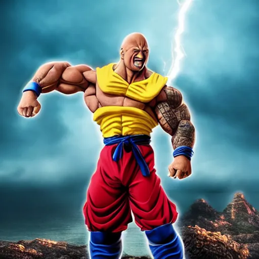 Image similar to full shot of Dwayne Johnson as Supa Saiyajin Broly at moonlight, lightning bolt, apocalyptic background, by Akira Toriyama, high detail, unreal engine 4k volumetric light, fog,