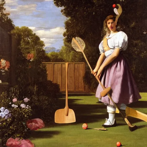 Prompt: jerry seinfeld playing croquet in the garden, happy expression, smiling, holding a croquet mallet, rule of thirds, golden ratio, oil on canvas, highly detailed, warm color scheme, soft lighting, sharp focus, adelaide labille - guiard, artemisia gentileschi