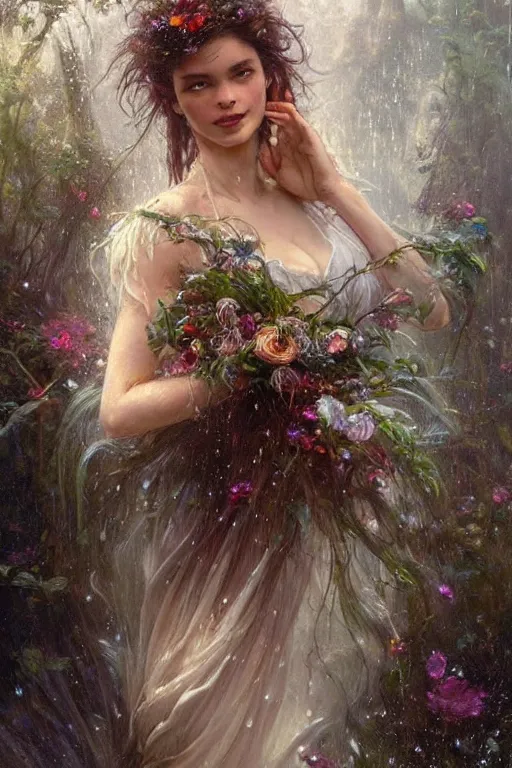 Prompt: portrait of a beautiful mysterious drenched woman holding a bouquet of flowing flowers, drenched clothing, wet dripping long hair, hands hidden under the bouquet, emerging from the water, fantasy, regal, intricate, by stanley artgerm lau, greg rutkowski, thomas kindkade, alphonse mucha, loish, norman rockwell